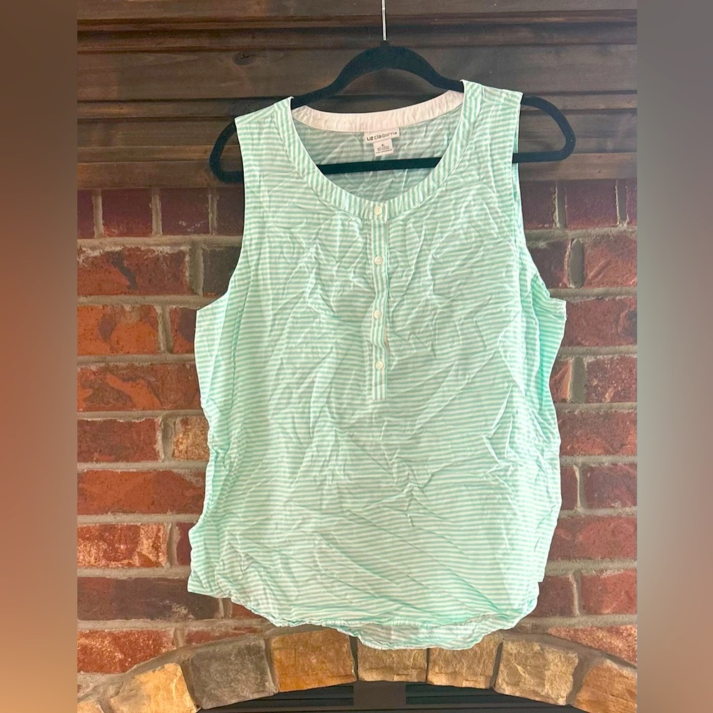 Sleeveless blouse. Aqua and white stripes with button top detail
